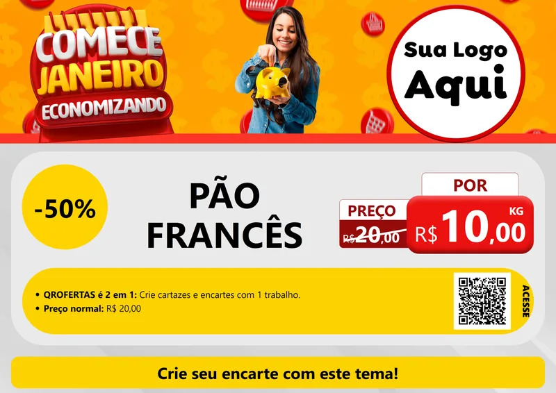 Modelo de Cartaz para Cartaz A4 Horizontal com o tema Comece Janeiro Economizando para Padaria