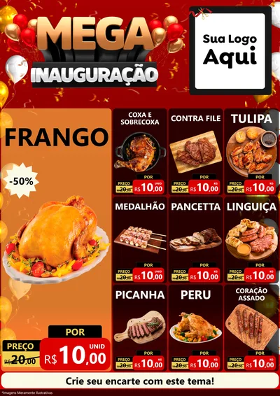 Modelo de Encarte para Encarte A4 Vertical com o tema Mega Inauguração para Assados