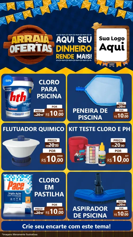 Modelo de Rede Social para Stories com o tema Arraiá de Ofertas - Junina para Produtos para Piscina