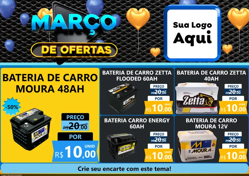 Modelo de Encarte para Encarte A4 Horizontal com o tema Março de Ofertas para Baterias Elétricas