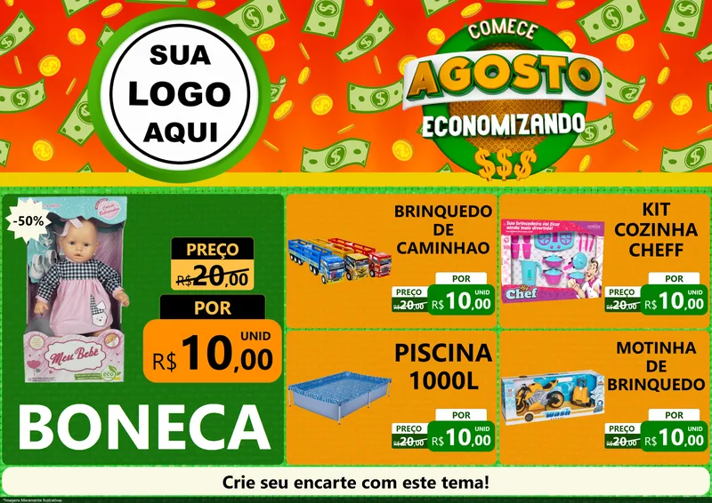 Modelo de Encarte para Encarte A4 Horizontal com o tema Comece Agosto Economizando para Brinquedos