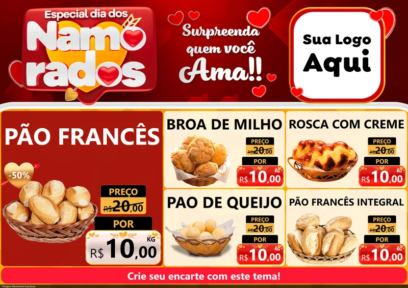 Modelo de Encarte para Encarte A4 Horizontal com o tema Especial Dia dos Namorados para Padaria