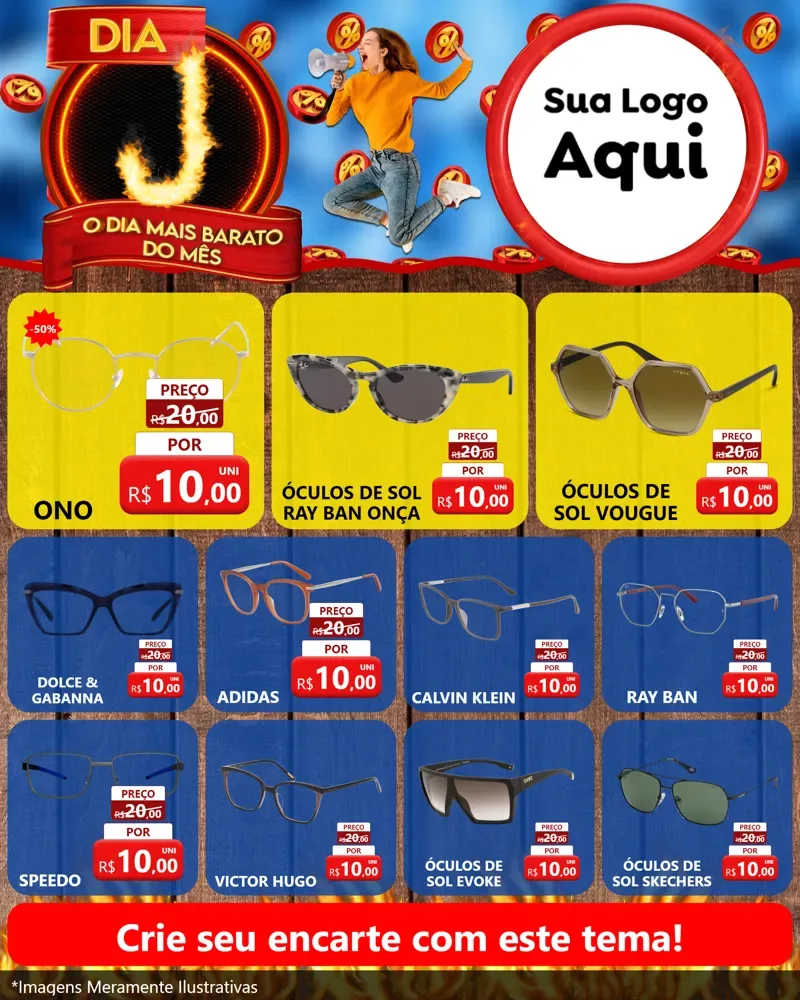 Modelo de Rede Social para Feed Instagram com o tema Dia J - O Dia Mais Barato Do Mês para Óticas