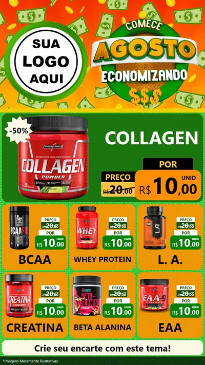 Modelo de Rede Social para Stories com o tema Comece Agosto Economizando para Suplementos alimentares