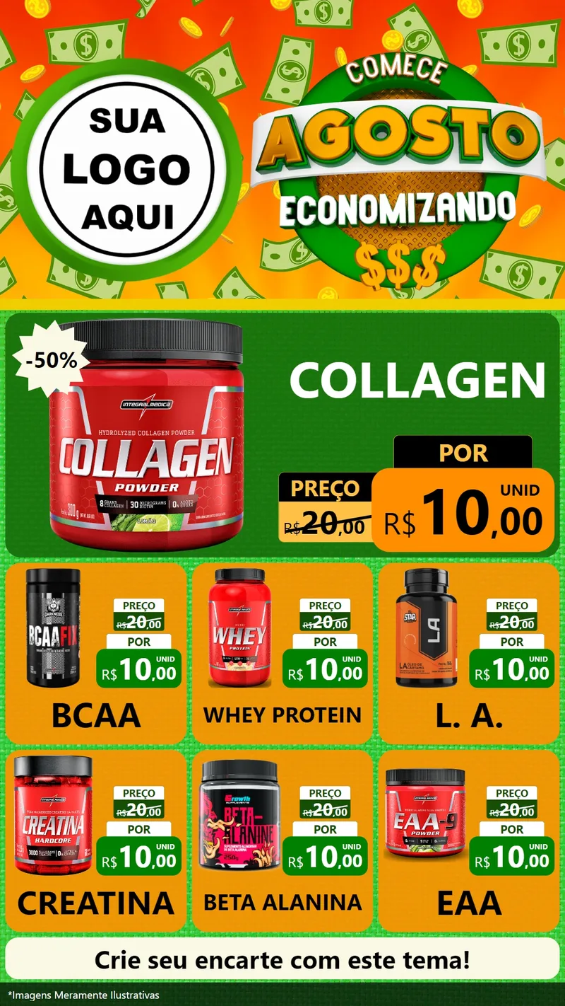Modelo de Rede Social para Stories com o tema Comece Agosto Economizando para Suplementos alimentares