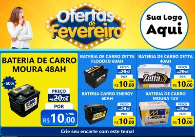 Modelo de Encarte para Encarte A4 Horizontal com o tema Ofertas de Fevereiro para Baterias Elétricas