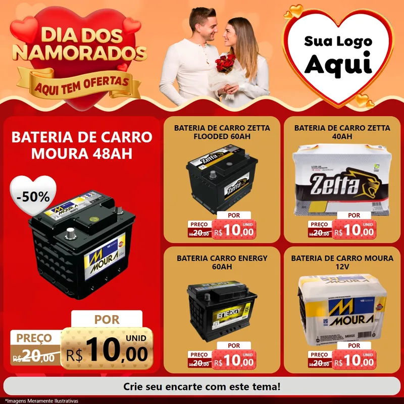 Modelo de Rede Social para Feed Facebook com o tema Dia dos Namorados - Aqui Tem Ofertas para Baterias Elétricas