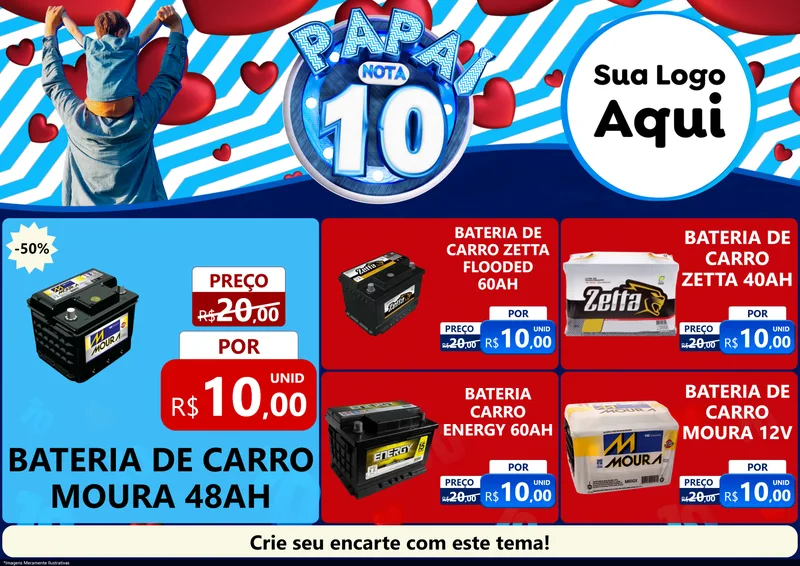 Modelo de Encarte para Encarte A4 Horizontal com o tema Papai Nota 10 para Baterias Elétricas