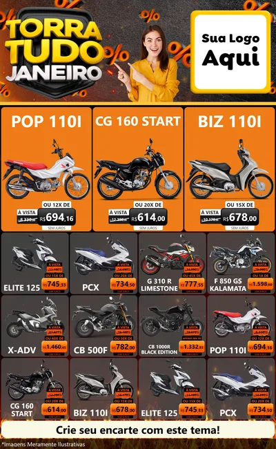 Modelo de Encarte para Encarte Grande com o tema Torra Tudo Janeiro para Concessionaria de Motos