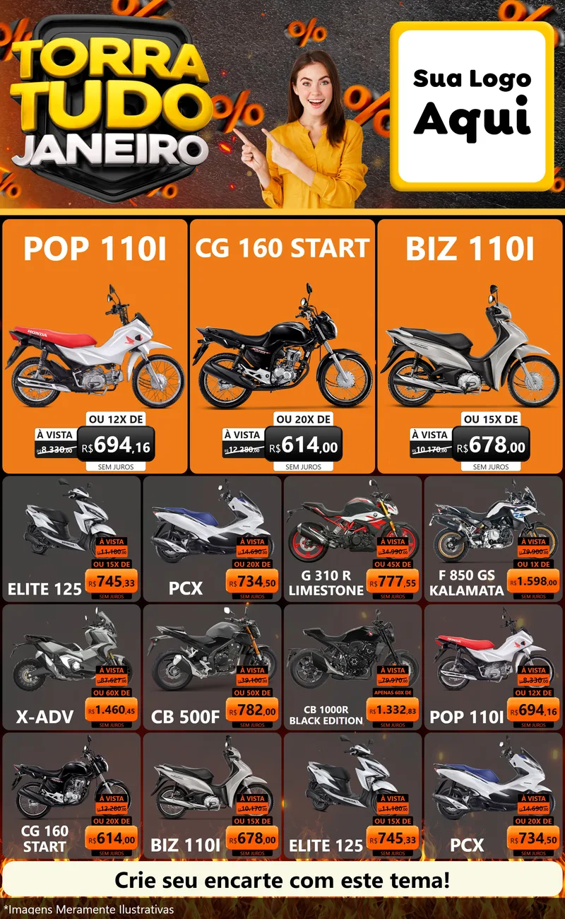 Modelo de Encarte para Encarte Grande com o tema Torra Tudo Janeiro para Concessionaria de Motos