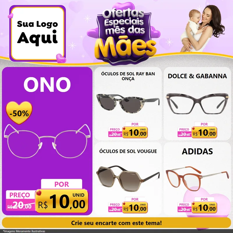 Modelo de Rede Social para Feed Facebook com o tema Ofertas Especiais - Mês das Mães para Óticas