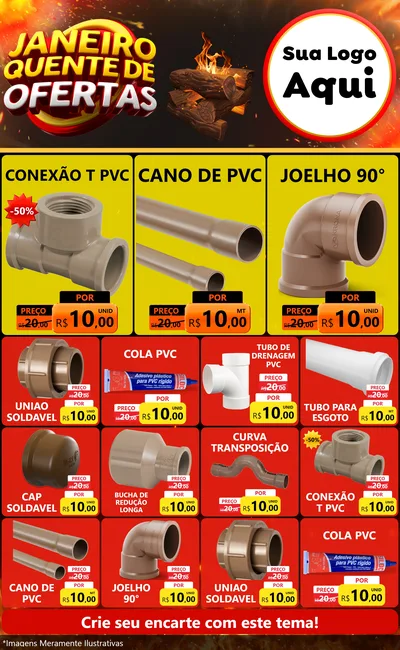 Modelo de Encarte para Encarte Grande com o tema Janeiro Quente de Ofertas para Tubos e conexões