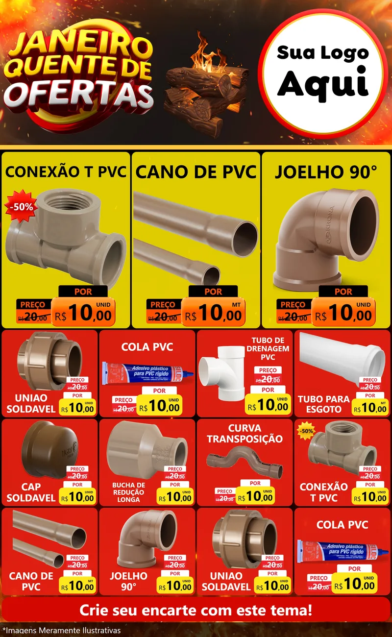 Modelo de Encarte para Encarte Grande com o tema Janeiro Quente de Ofertas para Tubos e conexões