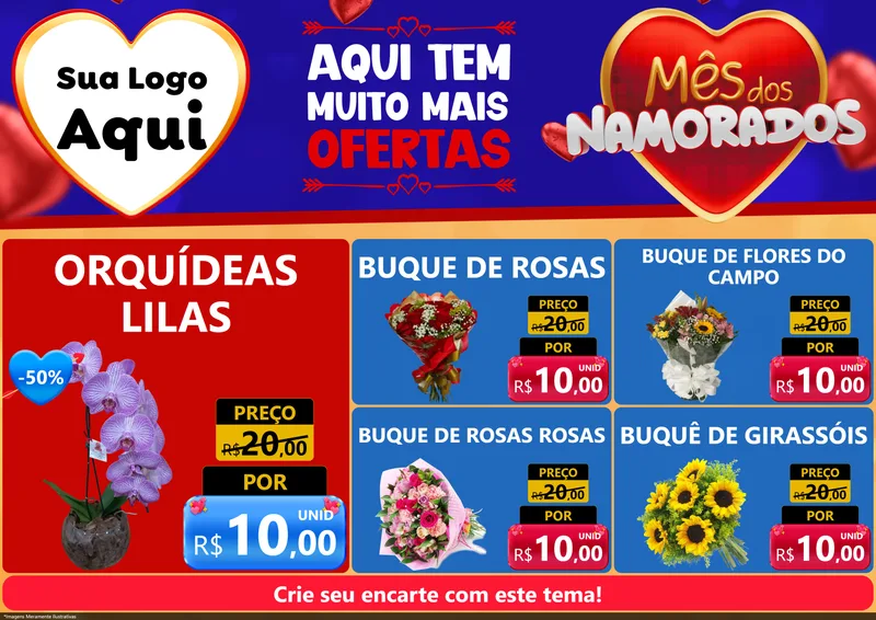 Modelo de Encarte para Encarte A4 Horizontal com o tema Mês dos Namorados para Floricultura e jardim