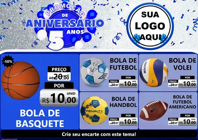 Modelo de Encarte para Encarte A4 Horizontal com o tema Promoção de Aniversário - 5 Anos para Artigos Esportivos