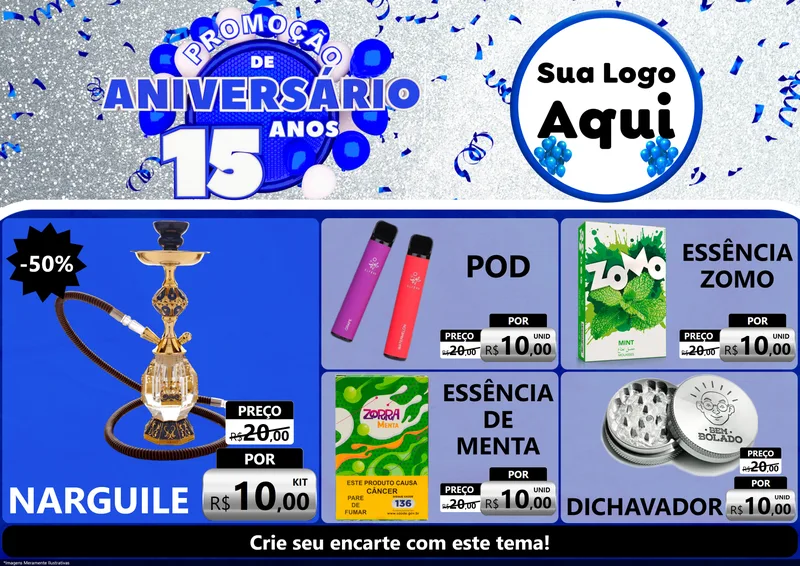 Modelo de Encarte para Encarte A4 Horizontal com o tema Promoção de Aniversário - 15 Anos para Tabacaria