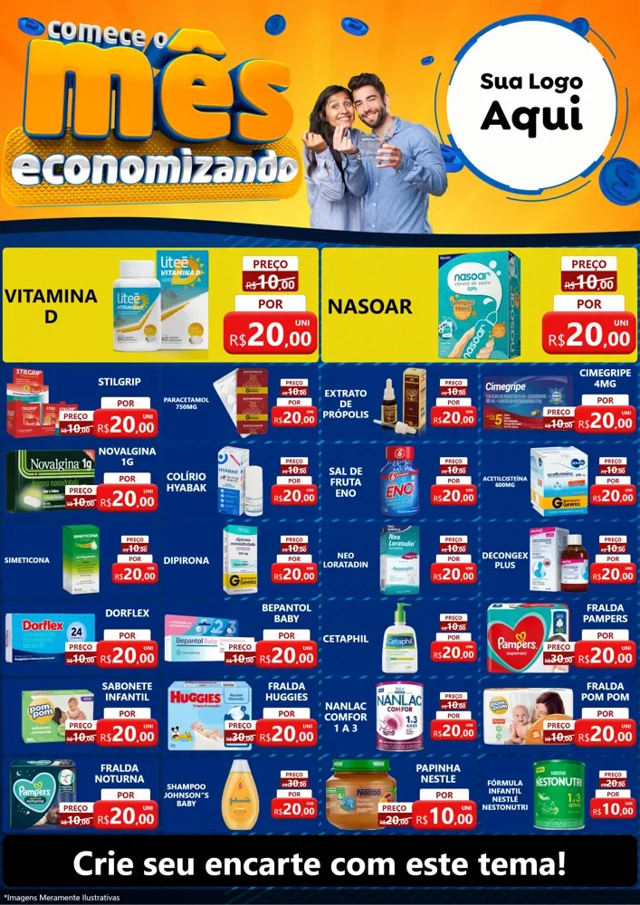 Modelo de Encarte para Encarte A4 Vertical com o tema Comece O Mês Economizando para Farmácia