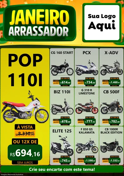 Modelo de Encarte para Encarte A4 Vertical com o tema Janeiro Arrasador para Concessionaria de Motos