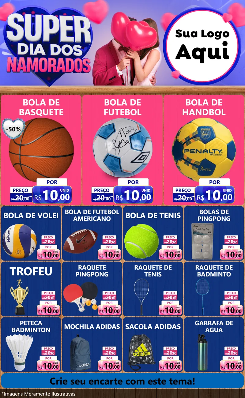 Modelo de Encarte para Encarte Grande com o tema Super Dia dos Namorados para Artigos Esportivos