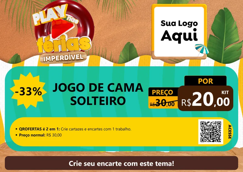 Modelo de Cartaz para Cartaz A4 Horizontal com o tema Play Nas Férias Imperdível para Cama, Mesa e Banho