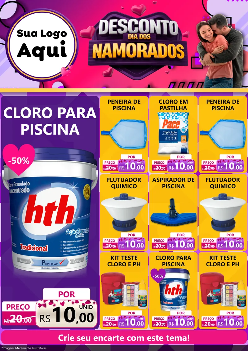Modelo de Encarte para Encarte A4 Vertical com o tema Desconto Dia dos Namorados para Produtos para Piscina