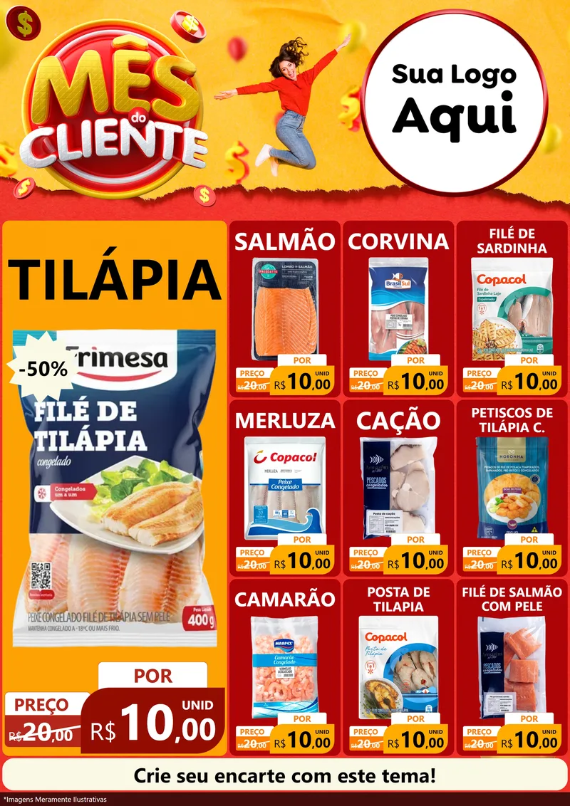 Modelo de Encarte para Encarte A4 Vertical com o tema Mês do Cliente para Peixaria
