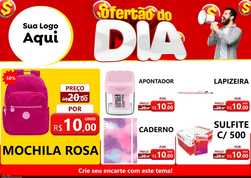 Modelo de Encarte para Encarte A4 Horizontal com o tema Ofertão do dia para Papelaria