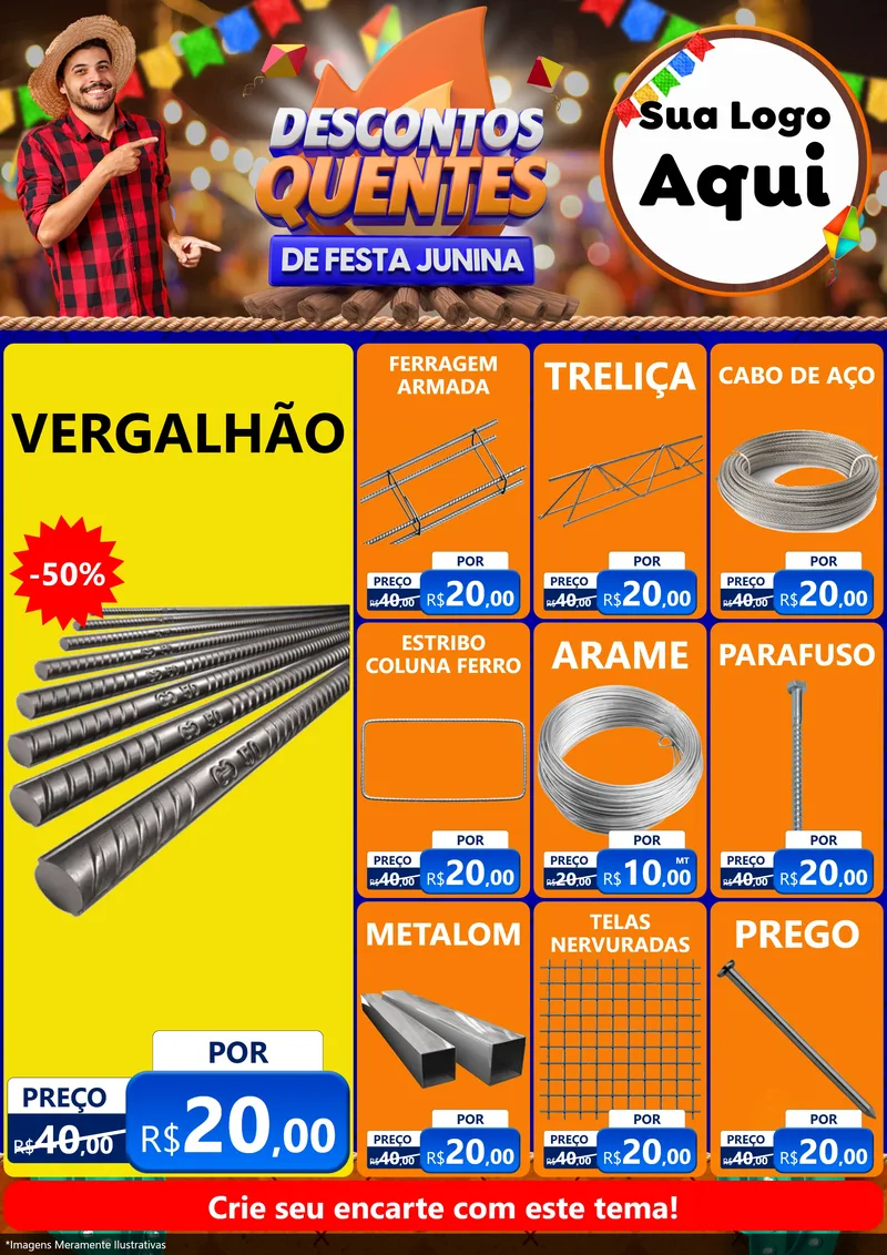 Modelo de Encarte para Encarte A4 Vertical com o tema Descontos Quentes de Festa Junina para Ferragens