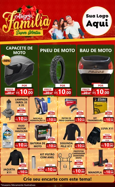 Modelo de Encarte para Encarte Grande com o tema Alegria em Família Super Ofertas - Natal para Moto peças
