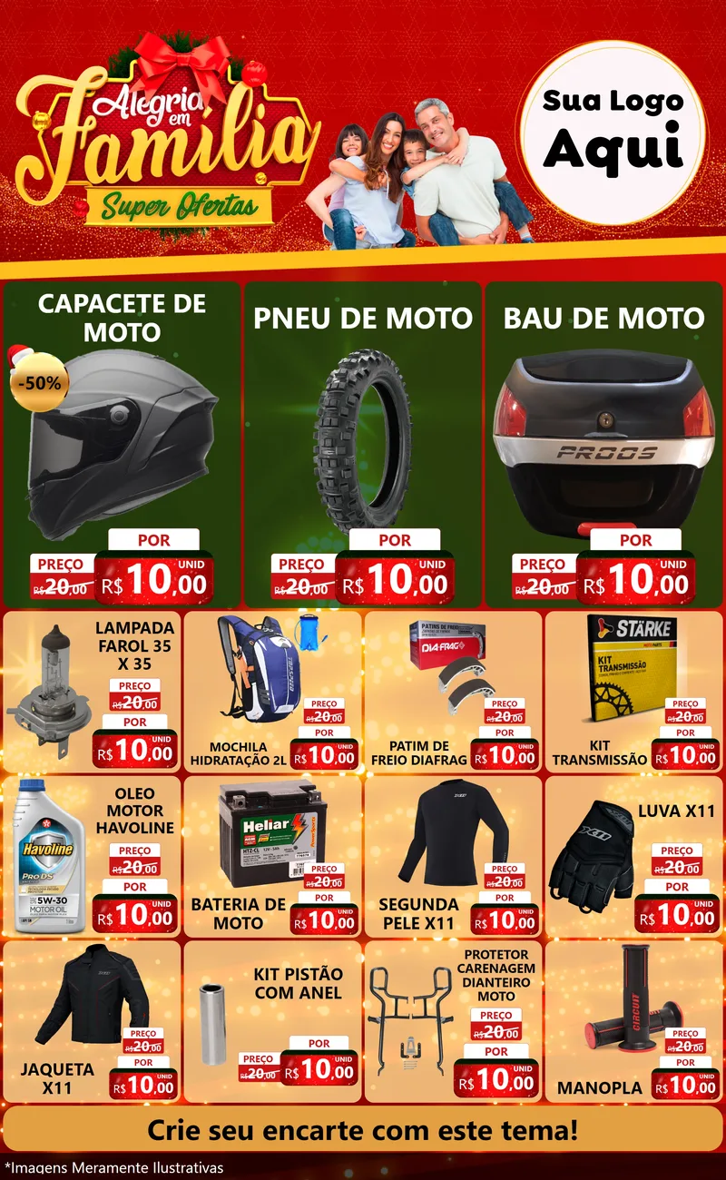 Modelo de Encarte para Encarte Grande com o tema Alegria em Família Super Ofertas - Natal para Moto peças