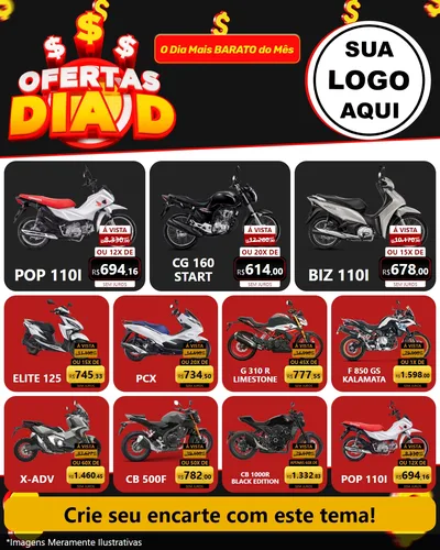 Modelo de Rede Social para Feed Instagram com o tema Ofertas Dia D para Concessionaria de Motos