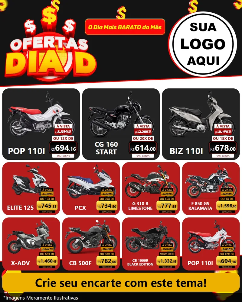 Modelo de Rede Social para Feed Instagram com o tema Ofertas Dia D para Concessionaria de Motos