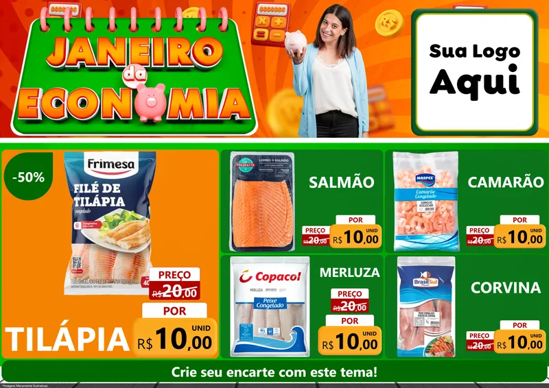 Modelo de Encarte para Encarte A4 Horizontal com o tema Janeiro da Economia para Peixaria