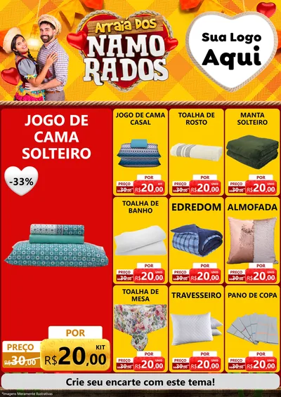 Modelo de Encarte para Encarte A4 Vertical com o tema Arraiá dos Namorados para Cama, Mesa e Banho
