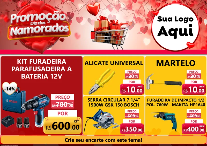 Modelo de Encarte para Encarte A4 Horizontal com o tema Promoção Dia dos Namorados para Maquinas e Ferramentas