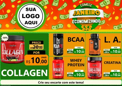 Modelo de Encarte para Encarte A4 Horizontal com o tema Comece Janeiro Economizando para Suplementos alimentares