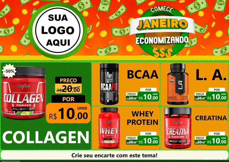 Modelo de Encarte para Encarte A4 Horizontal com o tema Comece Janeiro Economizando para Suplementos alimentares