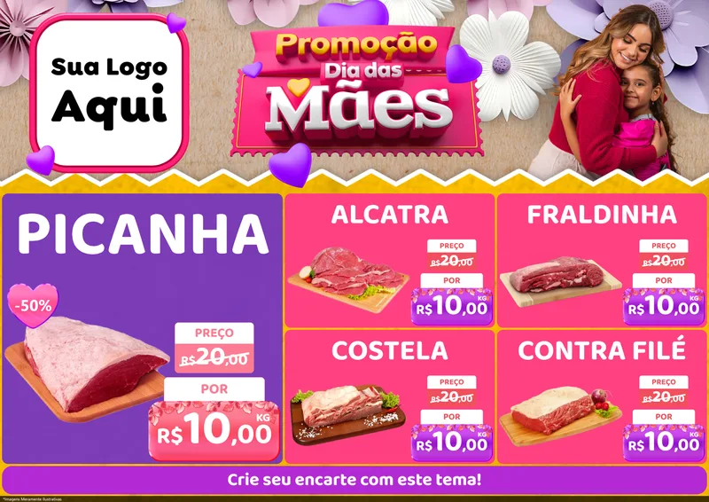 Modelo de Encarte para Encarte A4 Horizontal com o tema Promoção Dia das Mães para Açougue