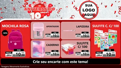 Modelo de TV para TV Horizontal com o tema Promoção de Aniversário - 10 Anos para Papelaria