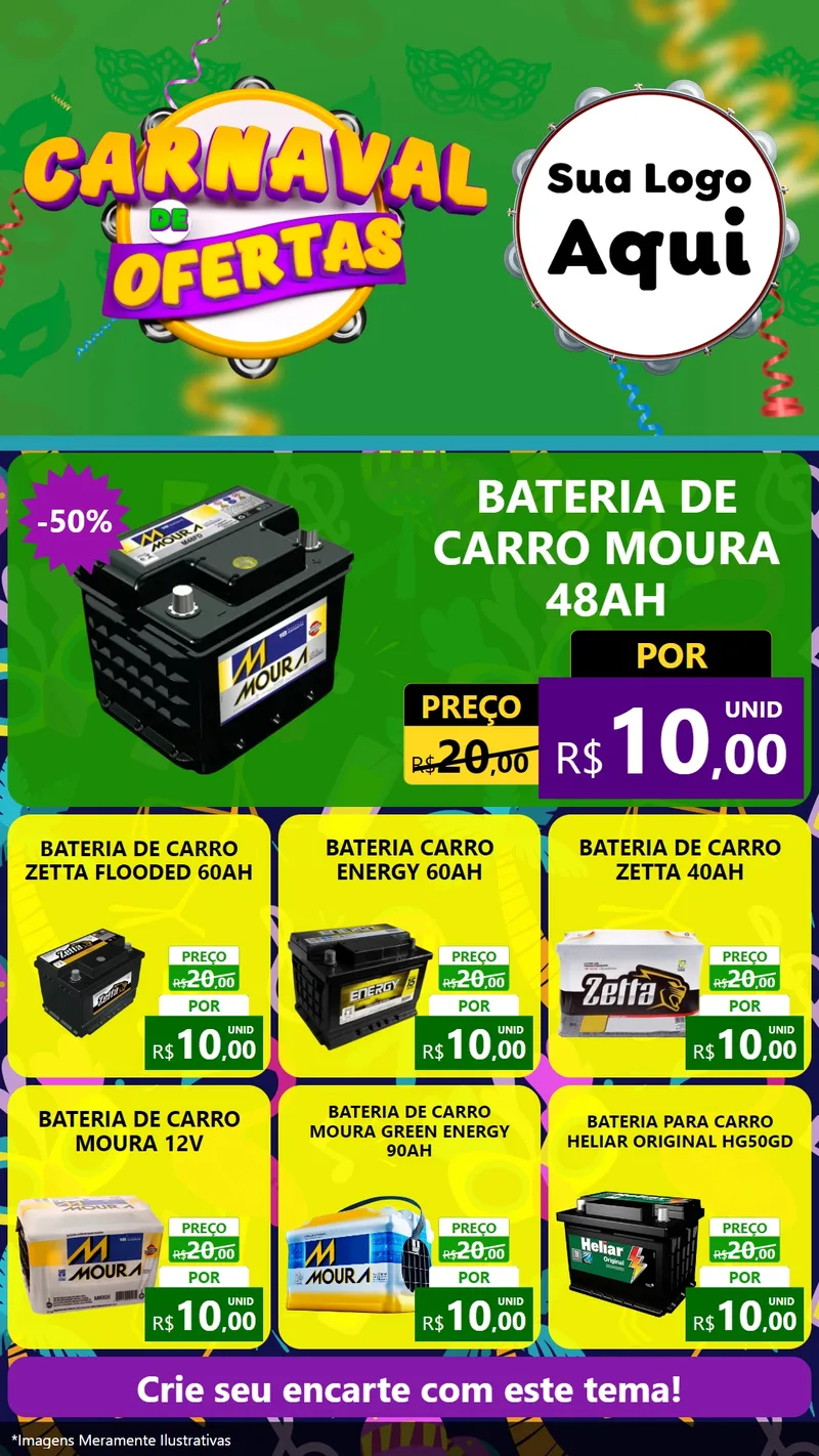 Modelo de Rede Social para Stories com o tema Carnaval de Ofertas para Baterias Elétricas