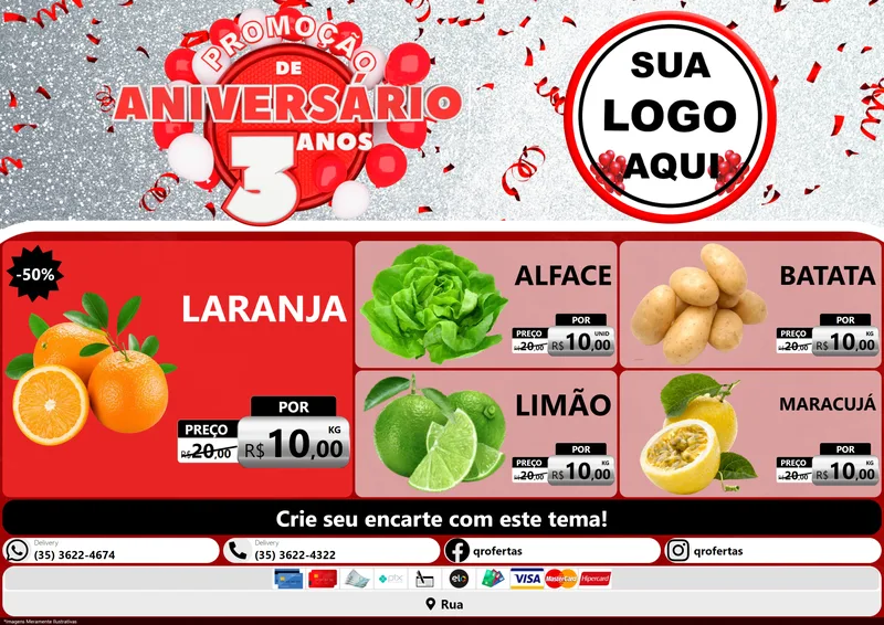 Modelo de Encarte para Encarte A4 Horizontal com o tema Promoção de Aniversário - 3 Anos para Hortifrúti
