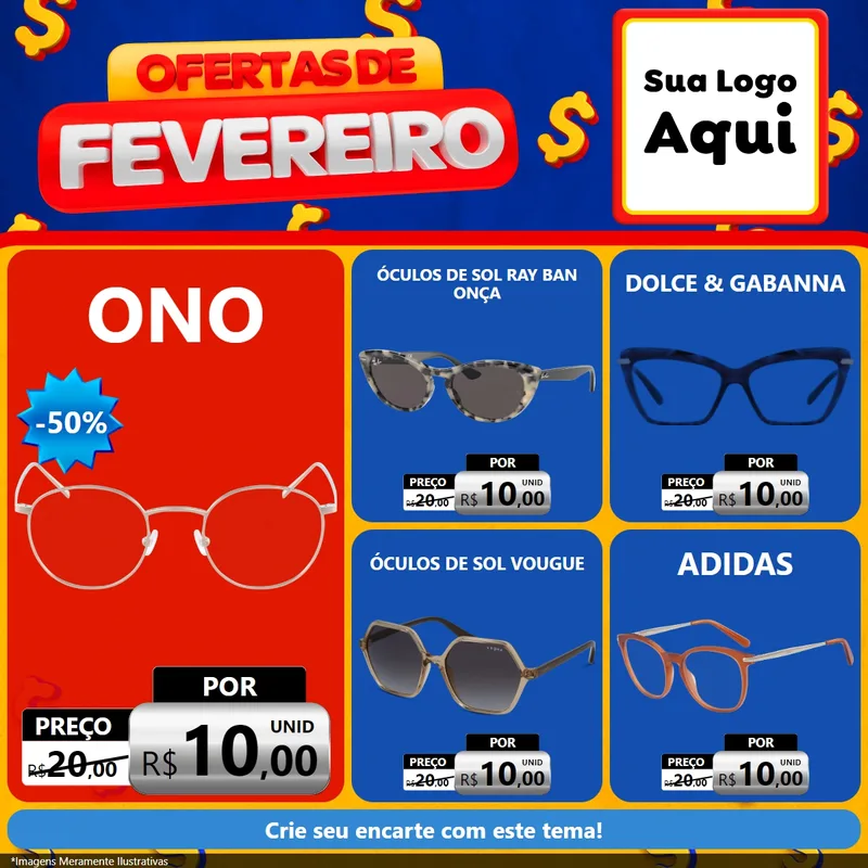 Modelo de Rede Social para Feed Facebook com o tema Ofertas de Fevereiro para Óticas