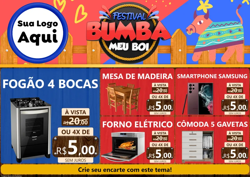 Modelo de Encarte para Encarte A4 Horizontal com o tema Festival Bumba Meu Boi para Móveis e Eletro