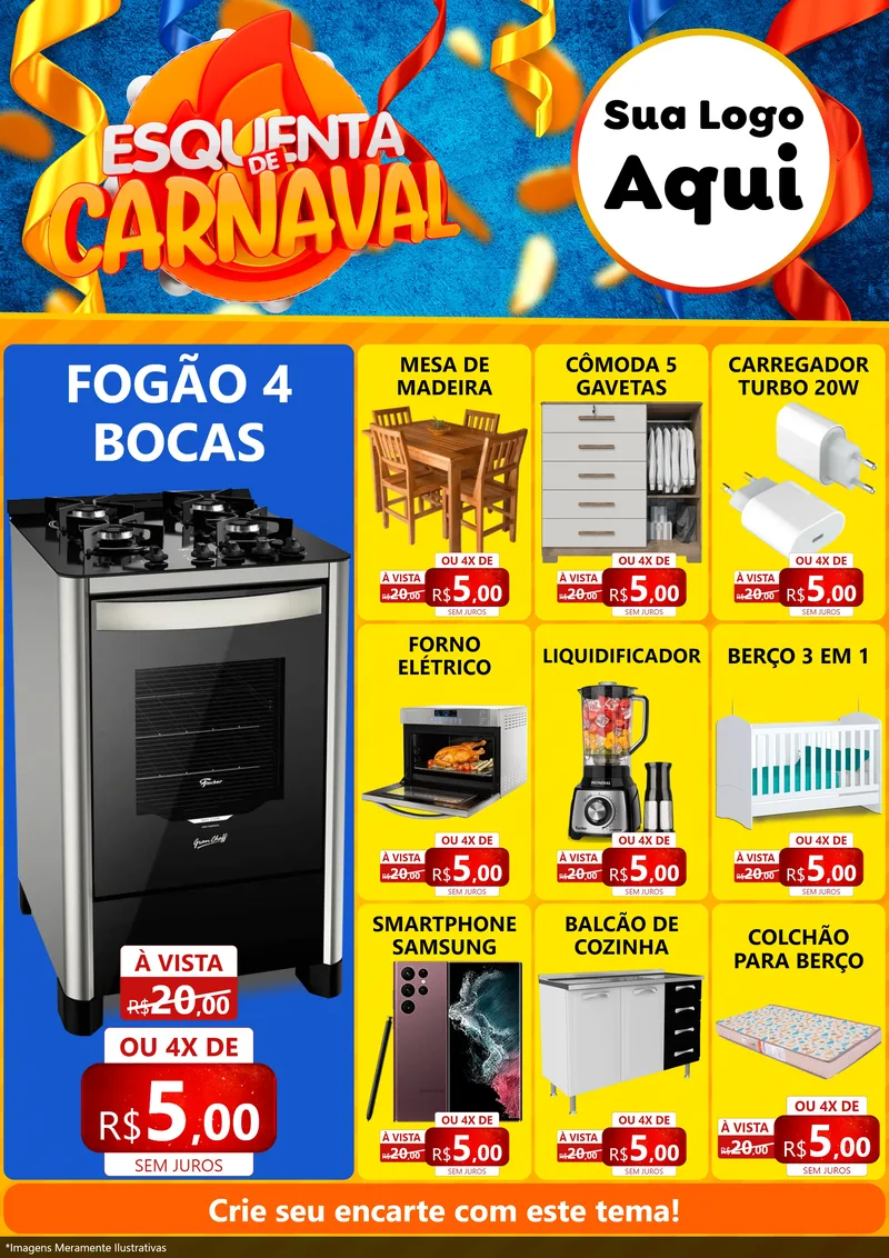 Modelo de Encarte para Encarte A4 Vertical com o tema Esquenta de Carnaval para Móveis e Eletro