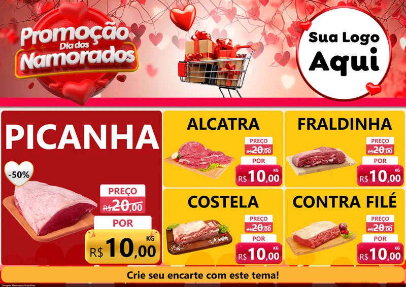 Modelo de Encarte para Encarte A4 Horizontal com o tema Promoção Dia dos Namorados para Açougue