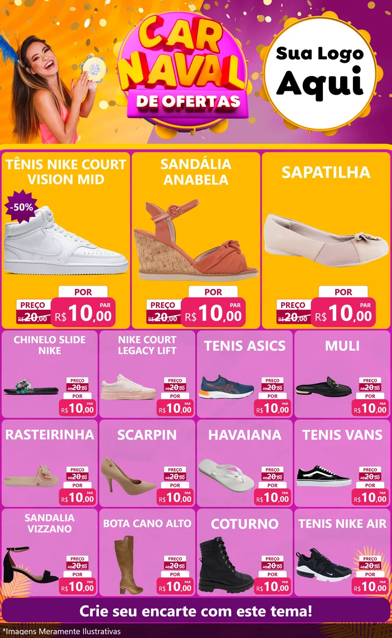 Modelo de Encarte para Encarte Grande com o tema Carnaval de Ofertas para Calçados