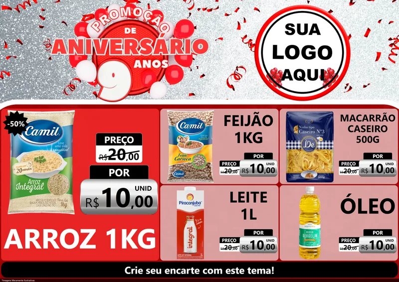 Modelo de Encarte para Encarte A4 Horizontal com o tema Promoção de Aniversário - 9 Anos para Supermercado