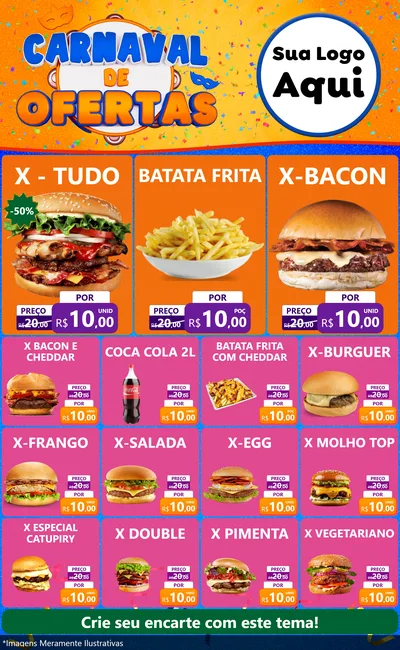 Modelo de Encarte para Encarte Grande com o tema Carnaval de Ofertas para Hamburgueria