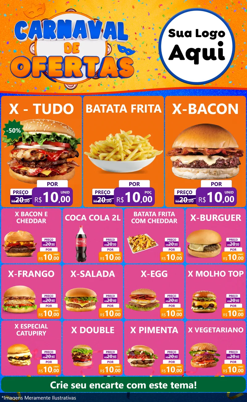 Modelo de Encarte para Encarte Grande com o tema Carnaval de Ofertas para Hamburgueria