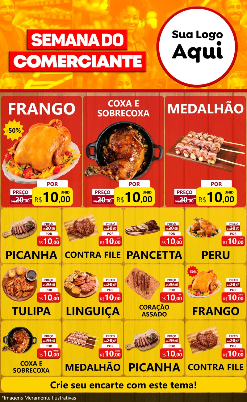 Modelo de Encarte para Encarte Grande com o tema Semana do Comerciante para Assados